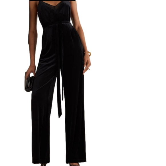 L’agance Justice belted chiffon-trimmed stretch-velvet jumpsuit size 2